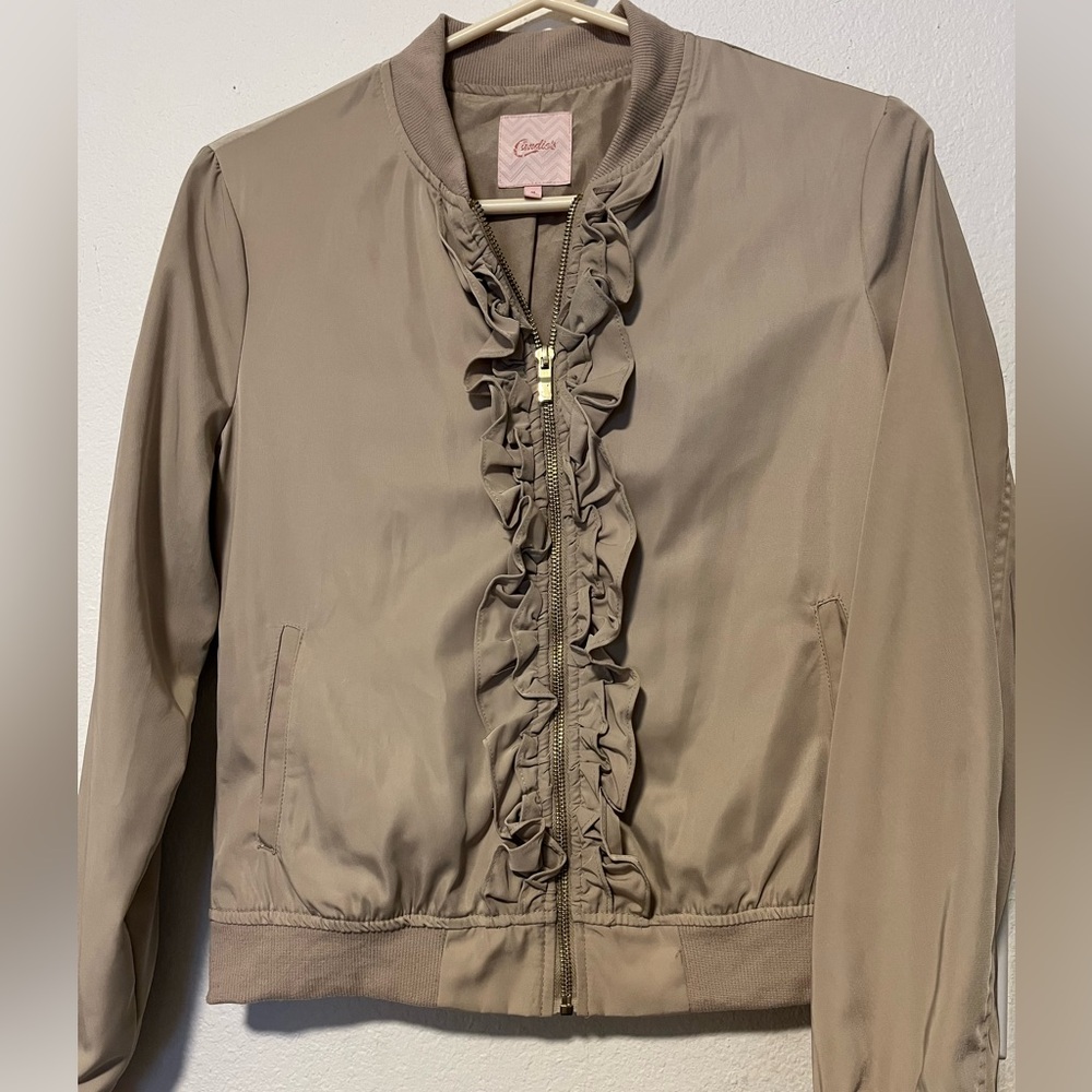 Candie's Taupe Bomber Jacket with Ruffles Women’s size medium A186